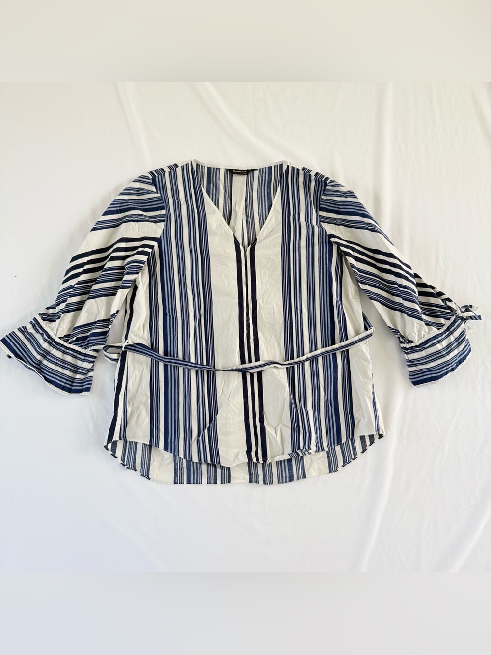 Massimo Dutti Blouse Womens 10 Blue White Striped Cotton Poplin V-Neck Belted